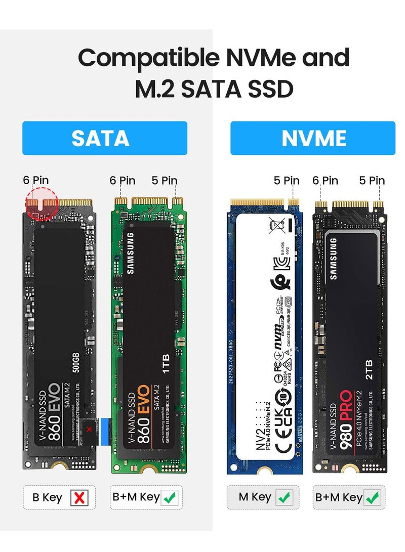 محول حاوية SSD M2 NVMe SATA بدون أدوات، USB C 3.2 Gen 2 بسرعة 10 جيجابت في الثانية NVME، 5 جيجابت في الثانية NGFF SATA PCIe M Key أو BM Key 2230 2242 2260 2280، قارئ M2 خارجي من الألومنيوم يدعم UASP Trim PWDM2 - Image 4